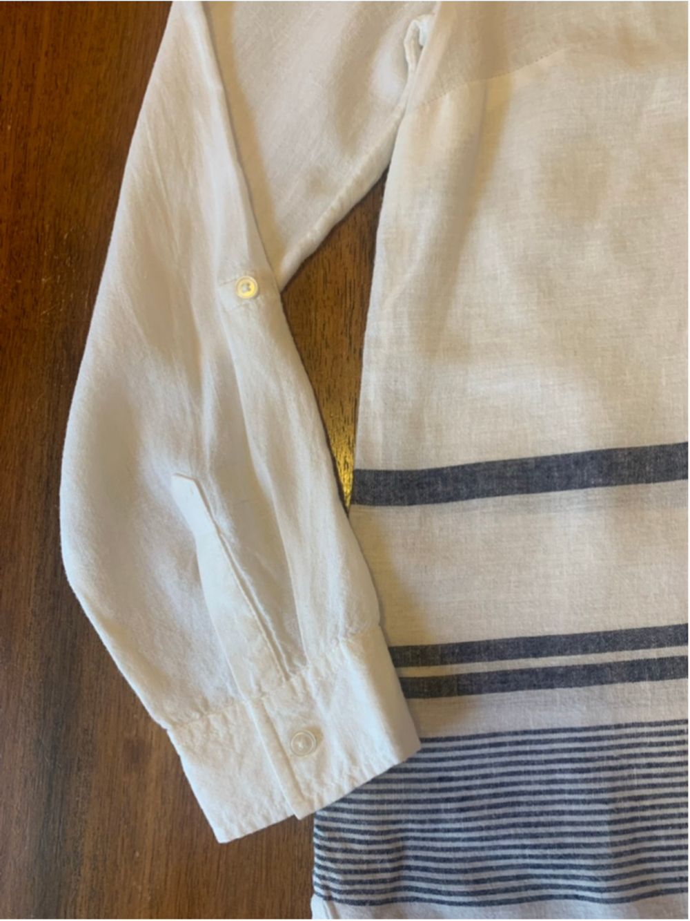 Kim Rogers Top Petite Small White Blue Stripes embroidered Trim Roll up Sleeves - Picture 3 of 8